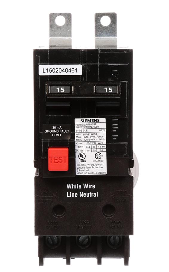 BE215 - Siemens 15 Amp 2 Pole 240 Volt Ground Fault Equipment Protection Circuit Breaker