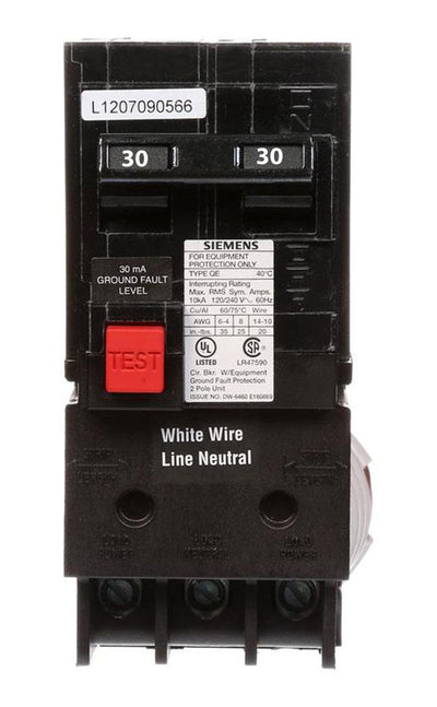 QE230 - Siemens 30 Amp 2 Pole 240 Volt Ground Fault Equipment Protection Circuit Breaker