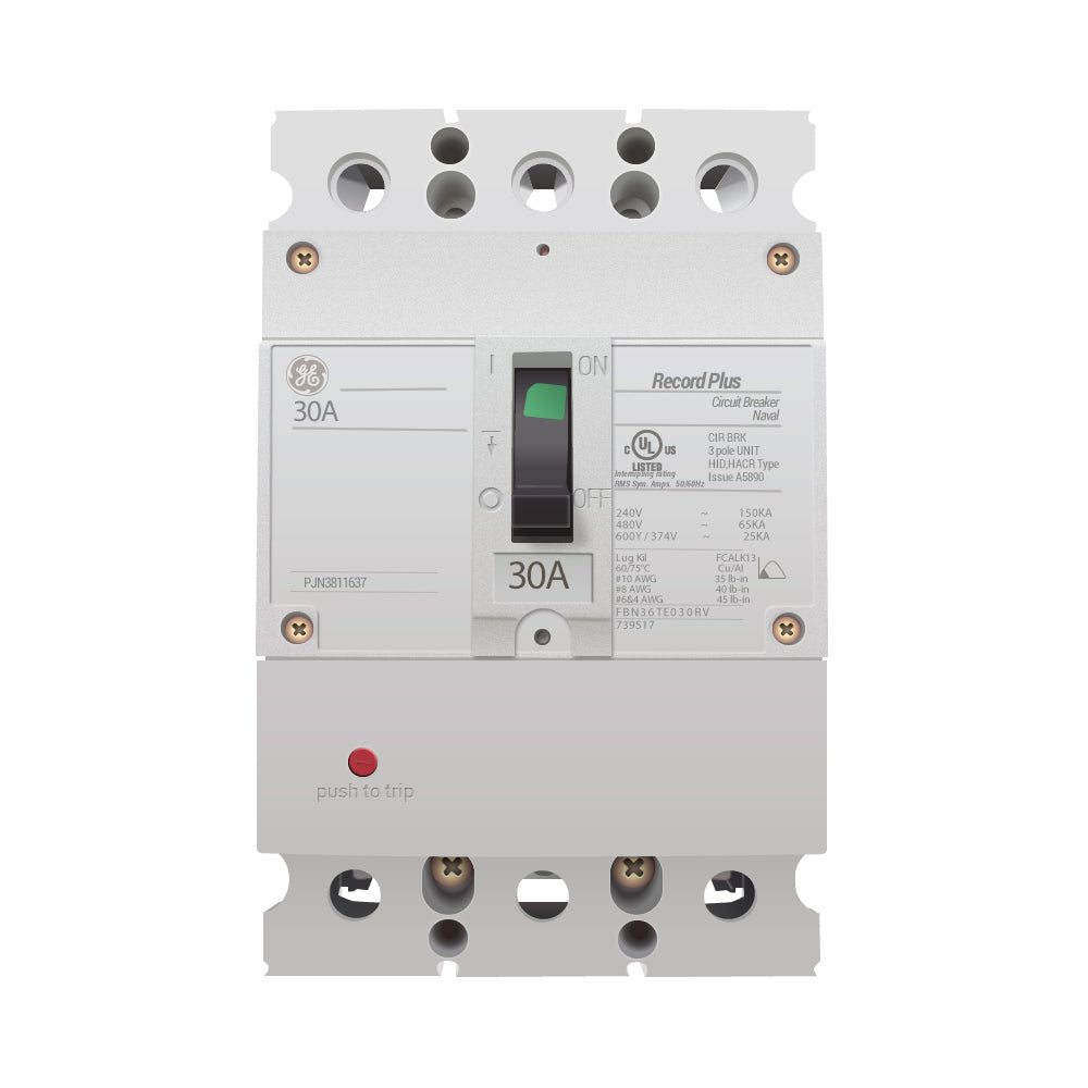 FBN36TE030RV - GE 30 Amp 3 Pole 600 Volt Bolt-On Molded Case Circuit Breaker