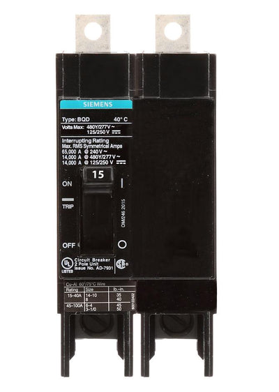 BQD215 - Siemens 15 Amp 2 Pole 480 Volt Bolt-On Molded Case Circuit Breaker