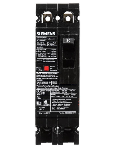 HED42B080L - Siemens 80 Amp 2 Pole 480 Volt Feed Thru Molded Case Circuit Breaker