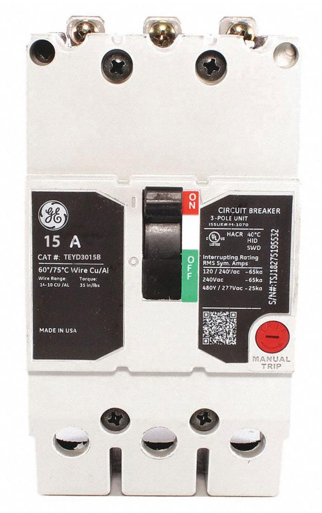 TEYD3015B - GE 15 Amp 3 Pole 480 Volt Bolt-On Molded Case Circuit Breaker