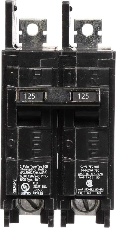 BQ2B125H - Siemens 125 Amp 2 Pole 240 Volt Bolt-On Molded Case Circuit Breaker