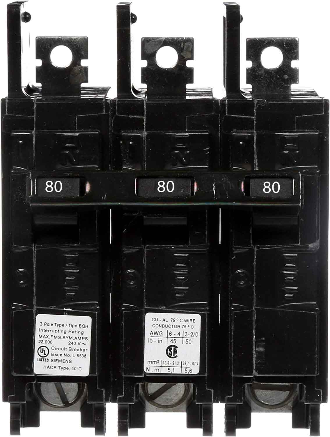 BQ3B080H - Siemens 80 Amp 3 Pole 240 Volt Bolt-On Molded Case Circuit Breaker