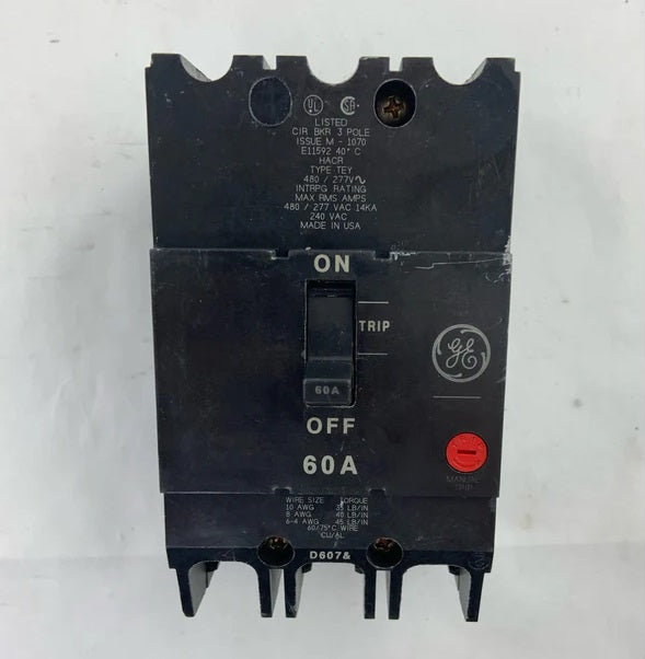 TEY360ST12 - GE 60 Amp 3 Pole 480 Volt Bolt-On Molded Case Circuit Breaker